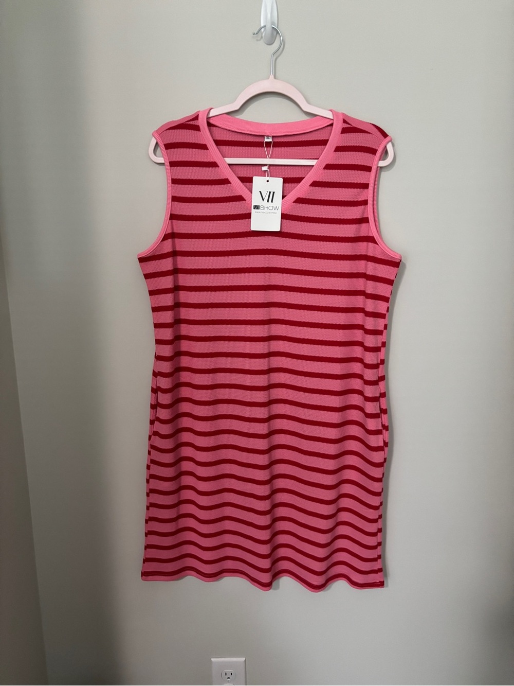 VII NWT Pink & Red Striped Sleeveless Shift Dress SizeXL -PTP 22”-24” Length 37”